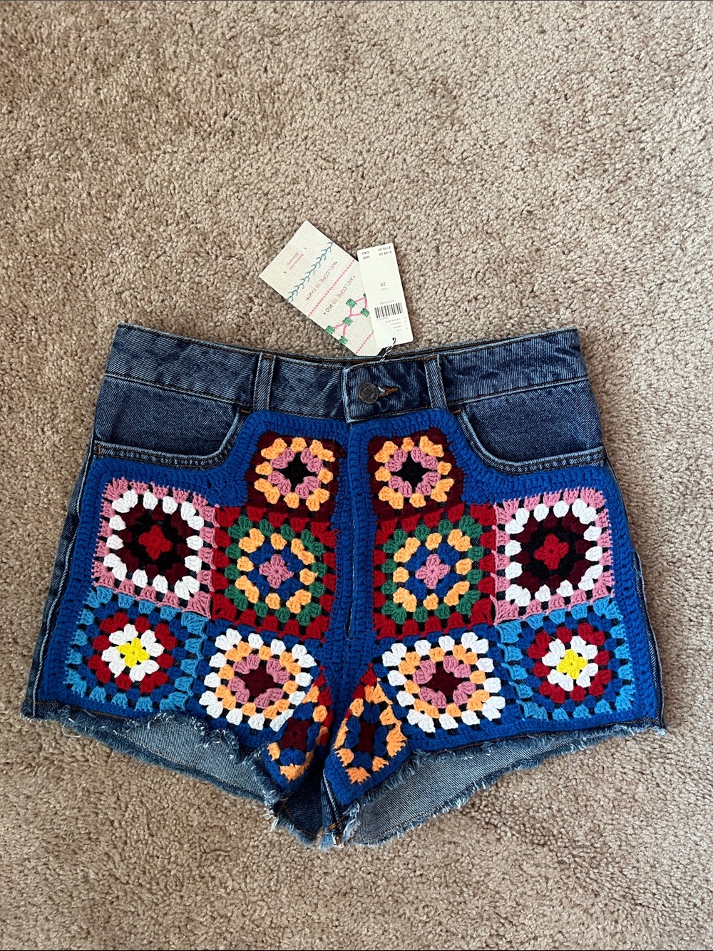NWT Farm Rio Anthropologie Granny Square Denim Shorts
